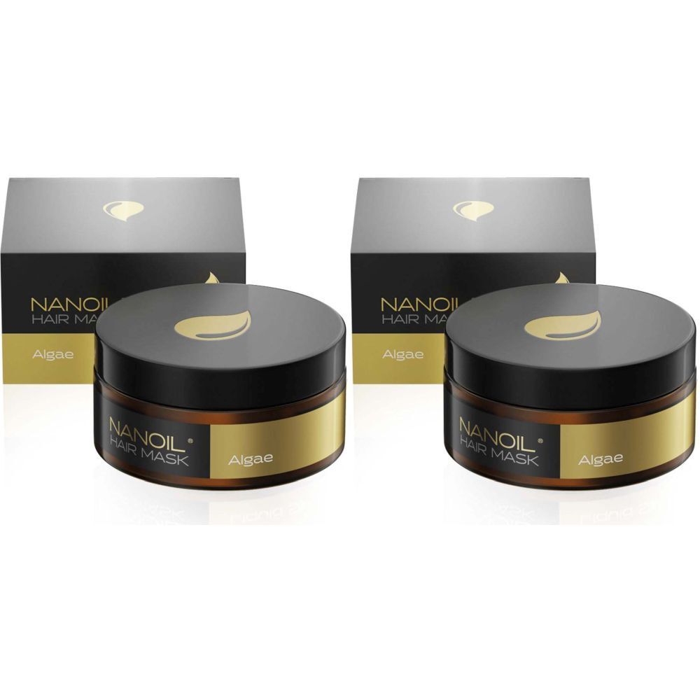 Deux pots noirs et dorés avec couvercles. Inscription: NANOIL HAIR MASK Algae. Derrière, boîtes avec logo.