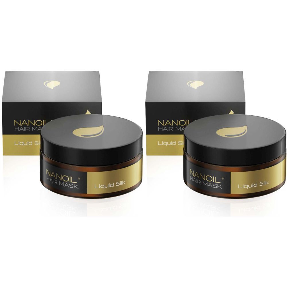Deux pots et boîtes. Sur les pots, on lit NANOIL HAIR MASK Liquid Silk. Les boîtes sont noires avec des détails dorés.