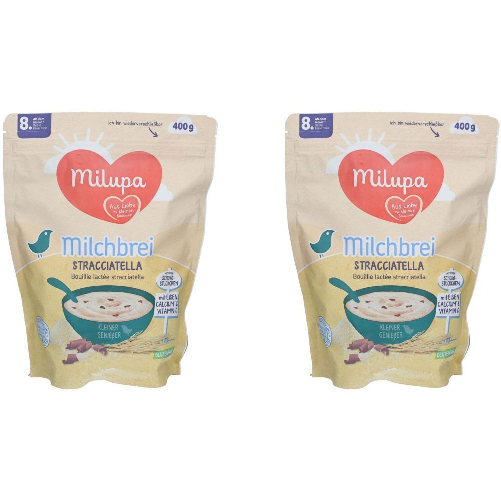 Deux sachets de Milupa Milchbrei Stracciatella. Inscriptions : logo Milupa, Milchbrei, Stracciatella, 400g, 8+, et logos pour vitamines et calcium.