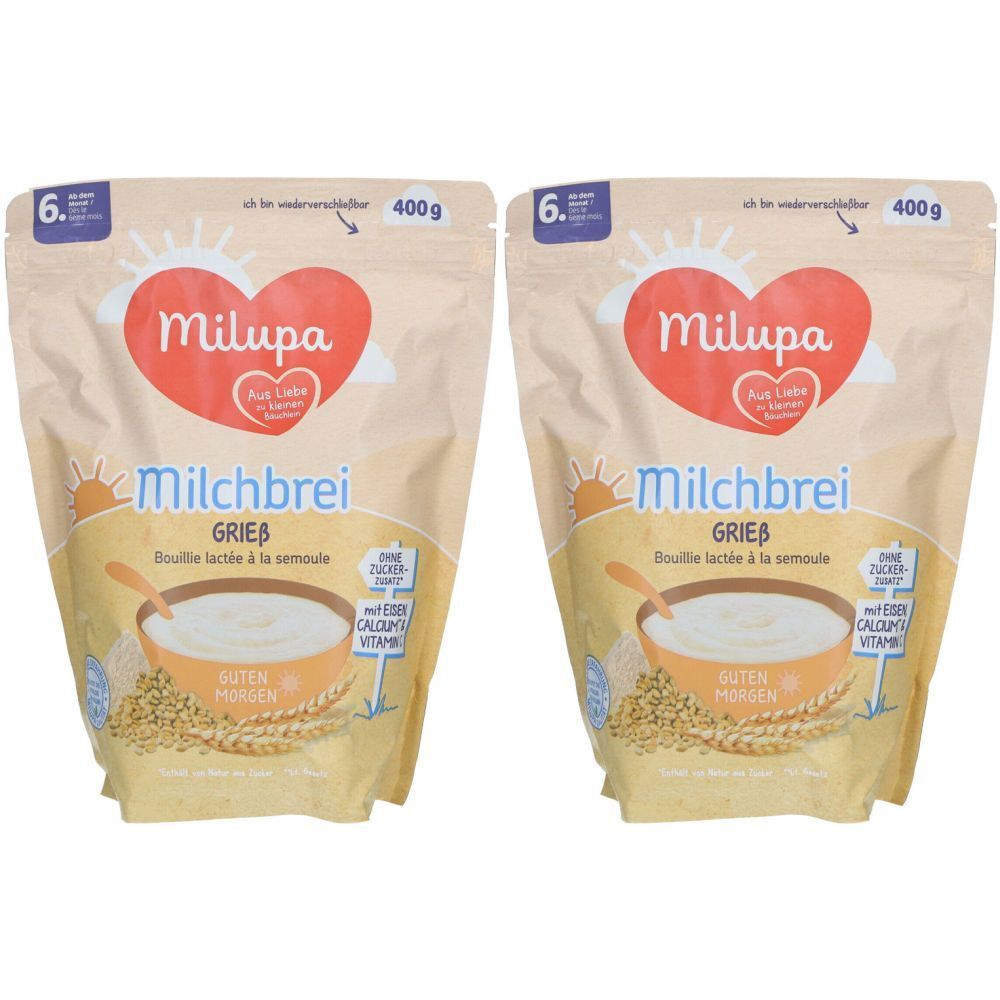 Deux sachets de Milupa Milchbrei Grieß. Inscriptions : logo Milupa, Milchbrei, Grieß, 400g, 6+, avec fer, calcium et vitamines.