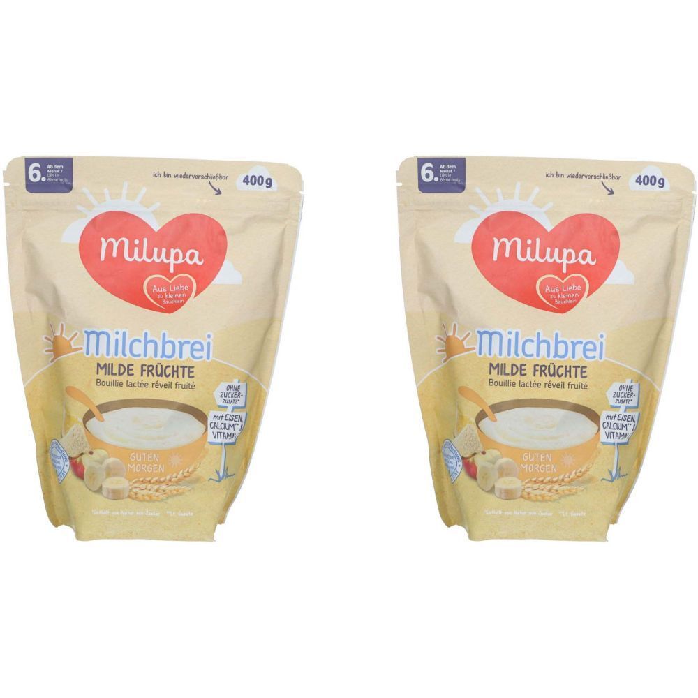 Deux sachets de Milupa Milchbrei Milde Früchte. Inscriptions : logo Milupa, Milchbrei, Milde Früchte, 400g, recommandation d'âge 6+.