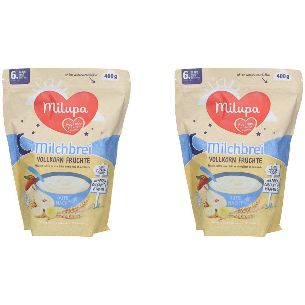 Deux paquets de Milupa Milchbrei Vollkorn Früchte. Inscription: Milupa, Milchbrei, Vollkorn Früchte. Emballage de 400g.