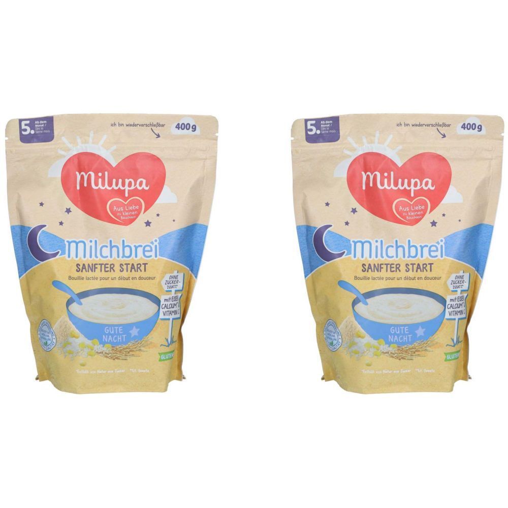Deux paquets de Milupa Milchbrei Sanfter Start. Inscription: logo Milupa, Milchbrei, Sanfter Start, 400g. Emballage avec lune et étoiles bleues.