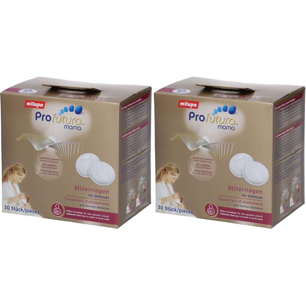 Deux boîtes de coussinets d'allaitement Milupa proFutura mama. Inscriptions : logo, nom du produit, 30 pièces, illustrations de coussinets et femme allaitant.