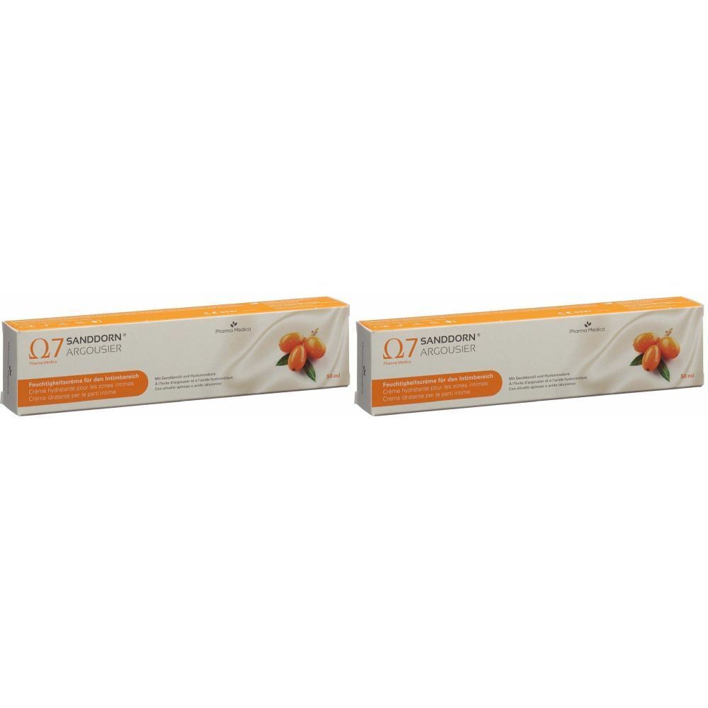 Deux boîtes rectangulaires avec des éléments orange et blancs. Inscription : "Ω7 Sanddorn Argousier Feuchtigkeitscreme". Illustration de baies d'argousier.