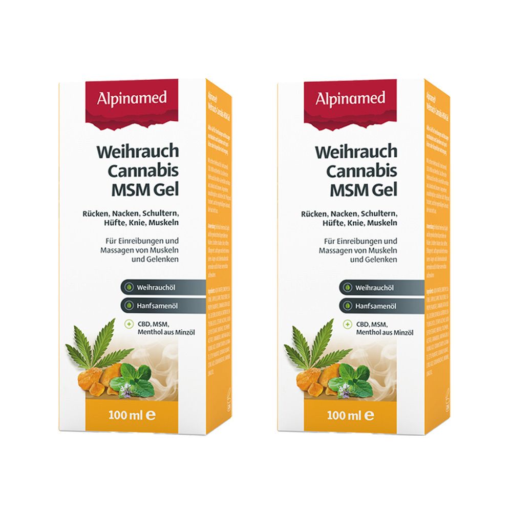 Deux boîtes de gel Alpinamed Weihrauch Cannabis MSM. Impression : nom du produit, ingrédients, instructions, 100 ml.