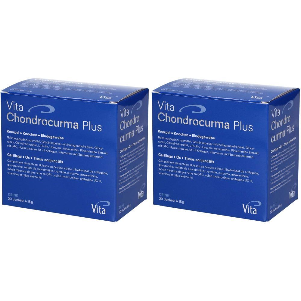 Deux boîtes bleues avec l'inscription Vita Chondrocurma Plus. Texte en allemand et français. 30 sachets de 15 g.
