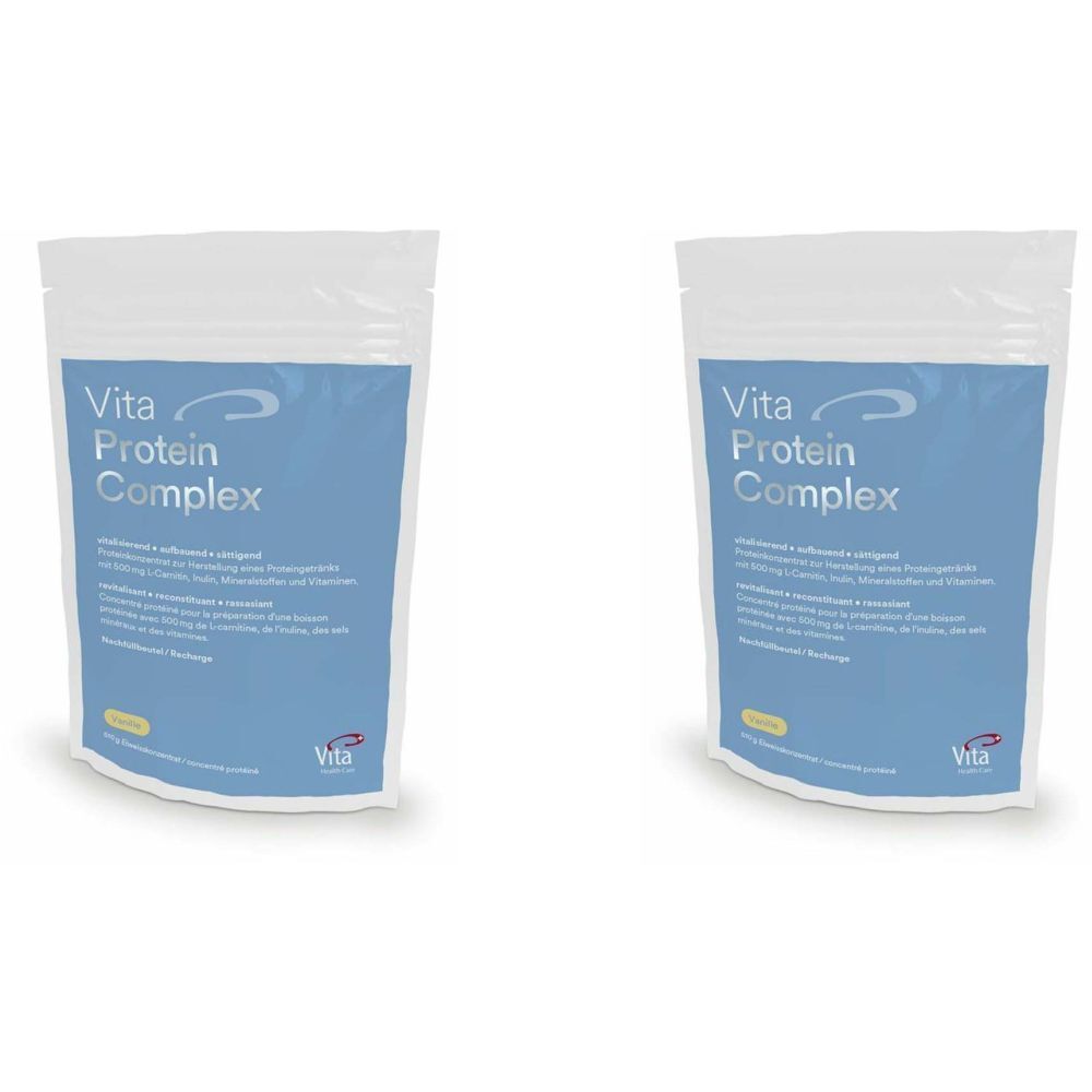 Deux sachets "Vita Protein Complex". Face bleue avec texte et logo. Emballage blanc transparent.