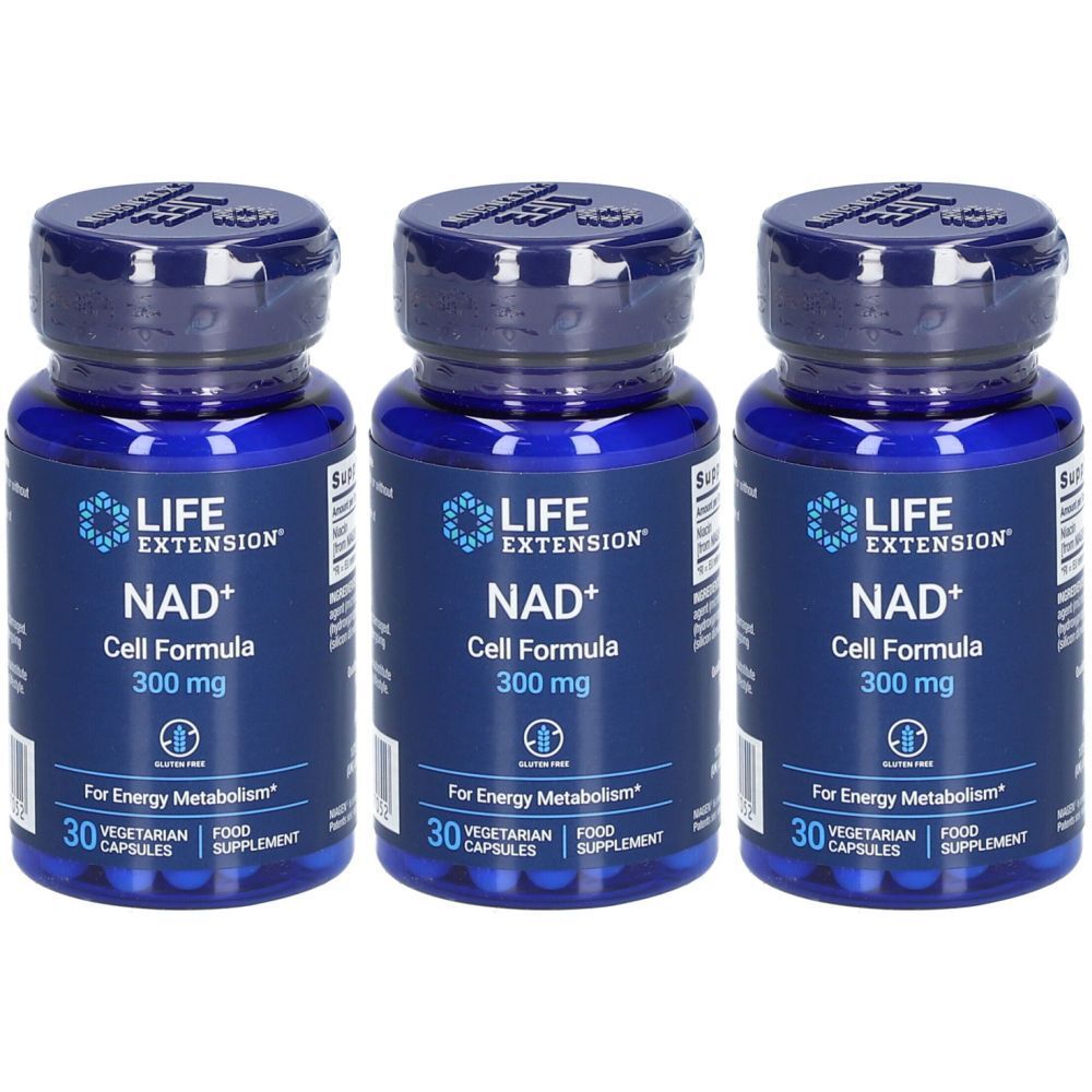 Trois flacons bleus LIFE EXTENSION NAD+ Cell Formula 300 mg. Inscription: 30 gélules végétariennes. Pour le métabolisme énergétique.