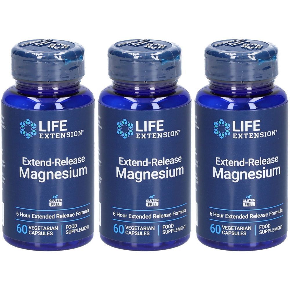 Trois flacons de LIFE EXTENSION® Extend-Release Magnesium. Flacons bleus avec étiquettes blanches. Inscription : 60 gélules, sans gluten.