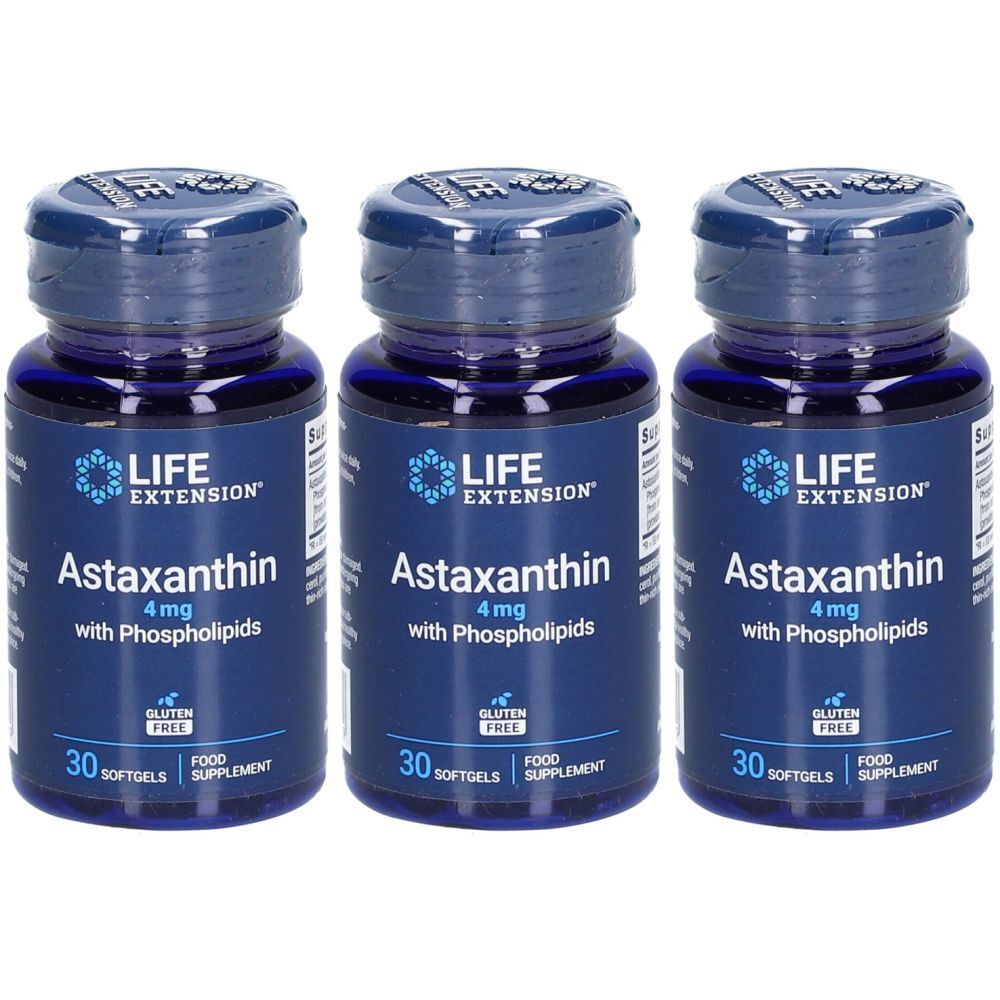 Trois flacons bleus de gélules d'astaxanthine. Inscription : LIFE EXTENSION, Astaxanthine 4mg avec phospholipides, sans gluten, 30 gélules.