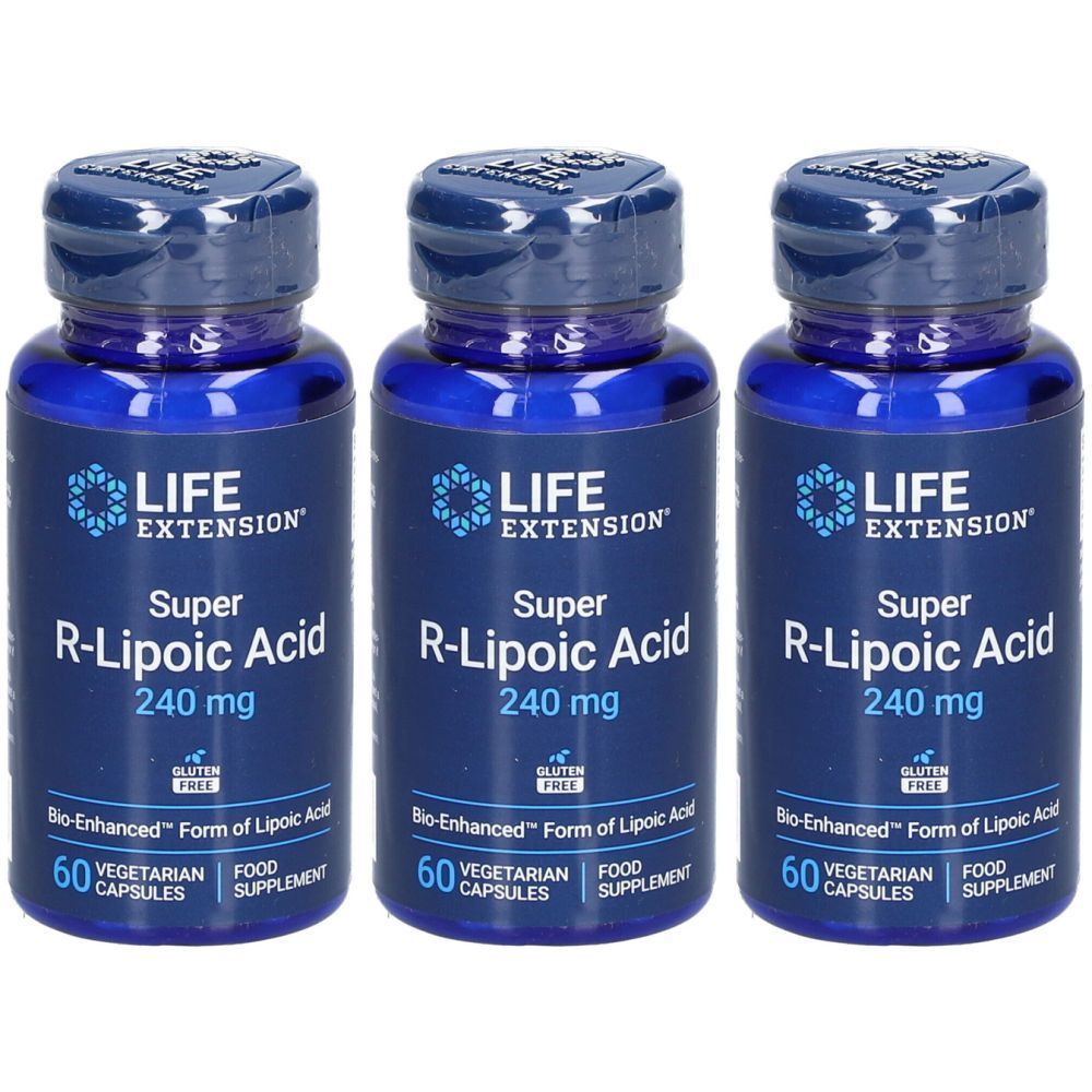 Trois flacons bleus avec étiquettes "LIFE EXTENSION Super R-Liponsäure". Chaque flacon contient 60 gélules végétariennes.