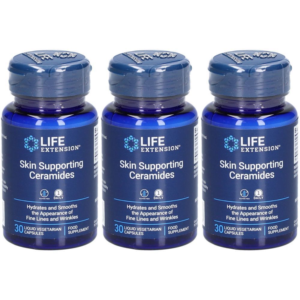 Trois flacons bleus avec "LIFE EXTENSION" et "Skin Supporting Ceramides". Chaque flacon contient 30 capsules.