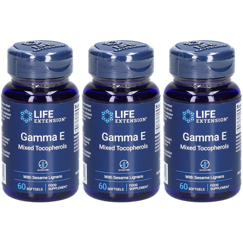 Trois flacons de LIFE EXTENSION Gamma E. Flacons bleus avec texte blanc. Contient 60 gélules. Sans gluten.