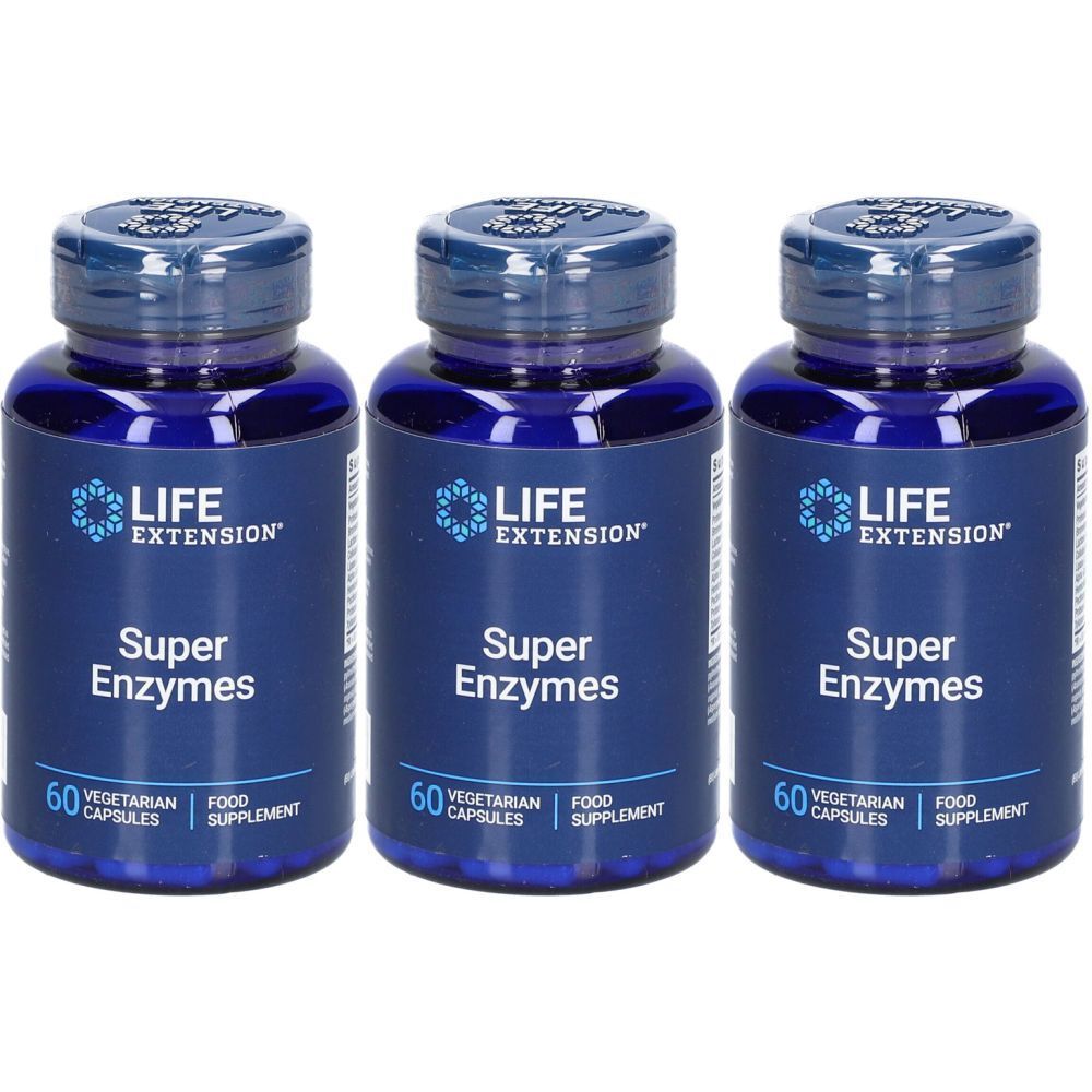 Trois flacons bleus avec étiquettes blanches. Les étiquettes indiquent "LIFE EXTENSION Super Enzymes". Chaque flacon contient 60 gélules végétariennes.