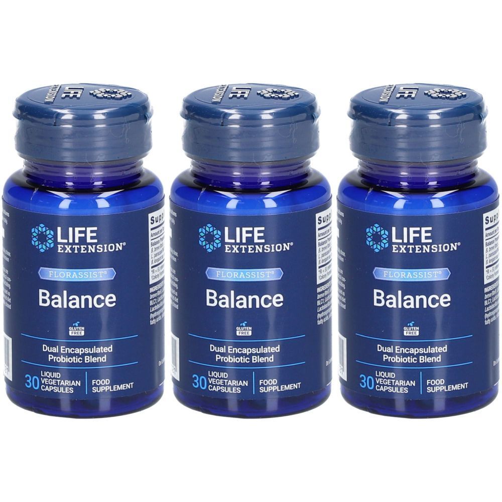 Trois flacons bleus avec "Balance". Chaque flacon porte "LIFE EXTENSION" et "Florassist". Chaque flacon contient 30 capsules.