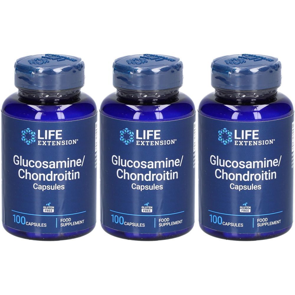 Trois flacons bleus de gélules. Chaque flacon porte la mention "LIFE EXTENSION Glucosamine/Chondroitin Capsules". Chaque flacon contient 100 gélules.