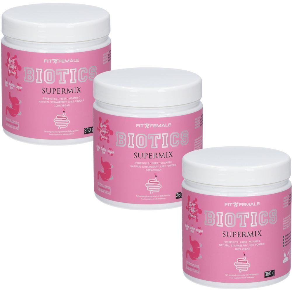 Trois pots roses avec couvercles blancs. Inscription "BIOTICS SUPERMIX".