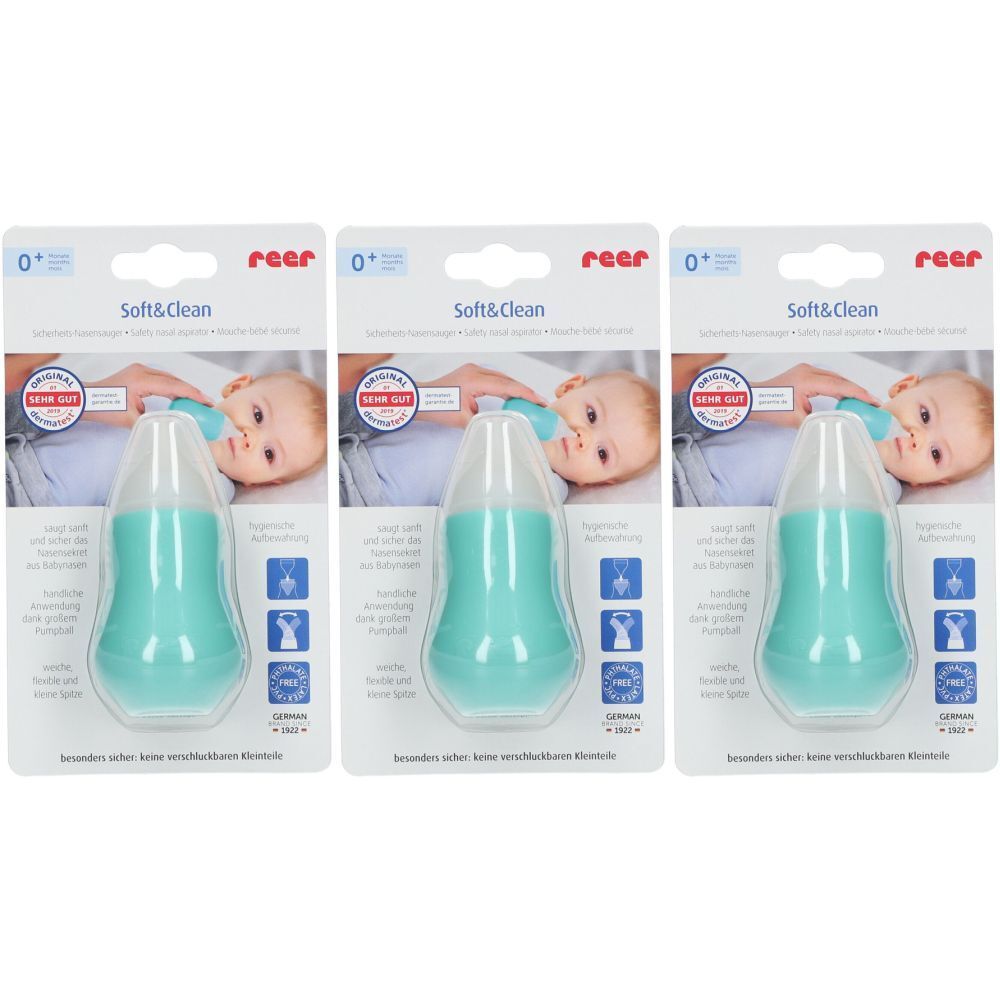 Trois emballages de l'aspirateur nasal de sécurité reer Soft&Clean. Chaque emballage montre un bébé et l'aspirateur nasal turquoise et blanc.