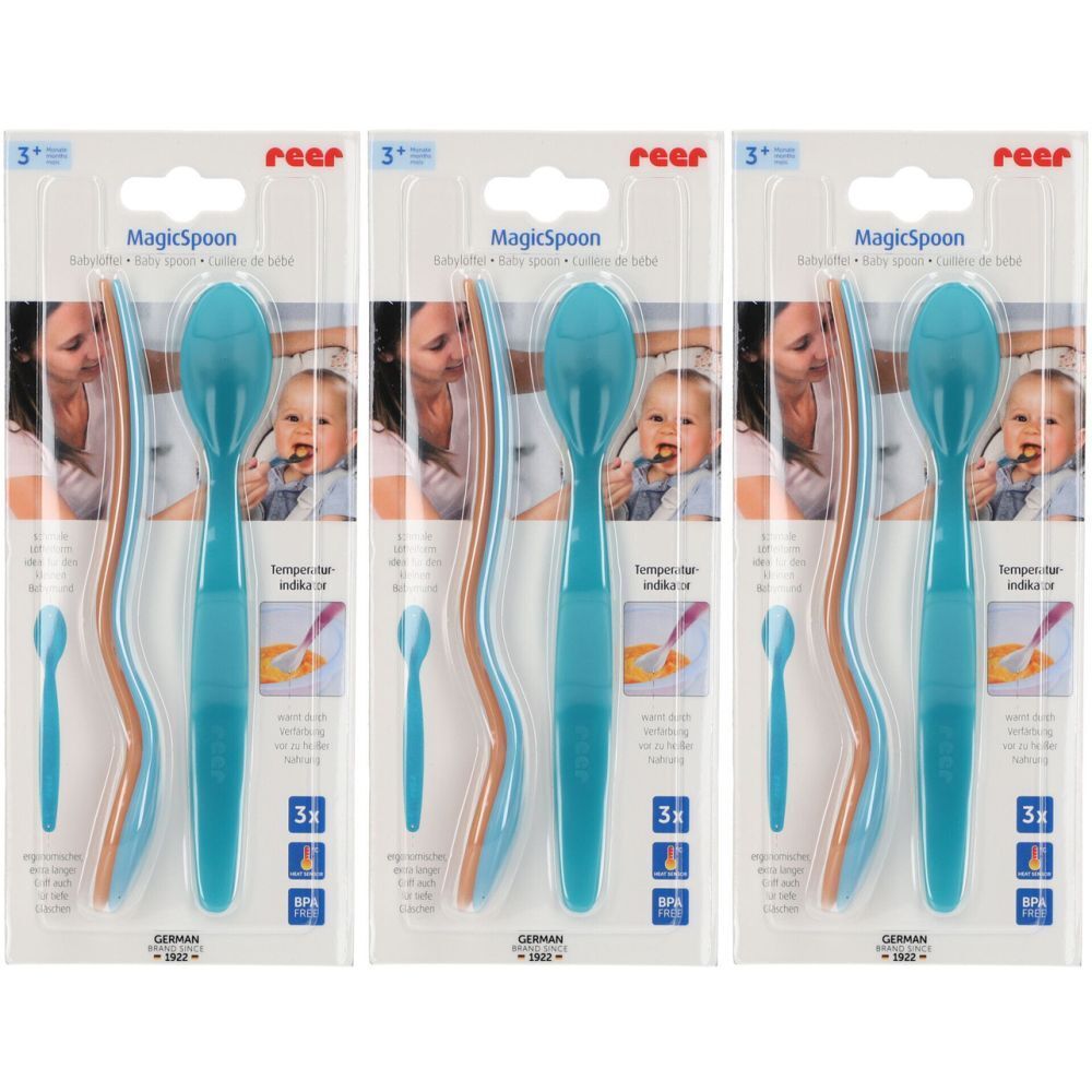 Trois cuillères pour bébé en blister. Cuillères bleues avec indicateur de température. Marque : reer, MagicSpoon.