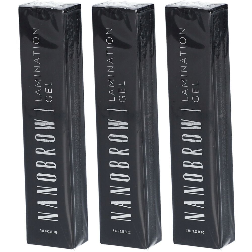 Trois emballages noirs avec texte blanc. NANOBROW Lamination Gel est écrit sur chacun. En bas, 7 ml / 0.23 fl oz.