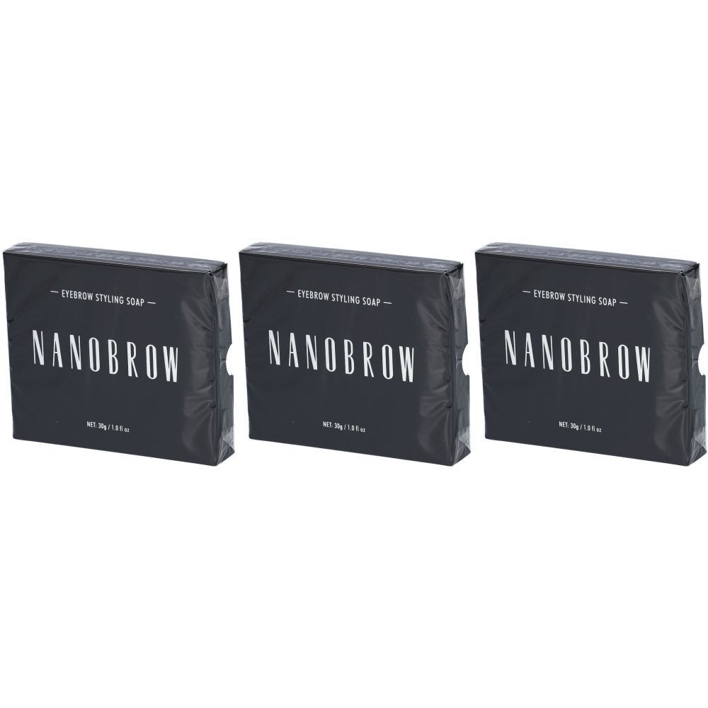Trois emballages noirs avec l'inscription "NANOBROW Eyebrow Styling Soap". Chaque emballage présente un logo et du texte blancs.