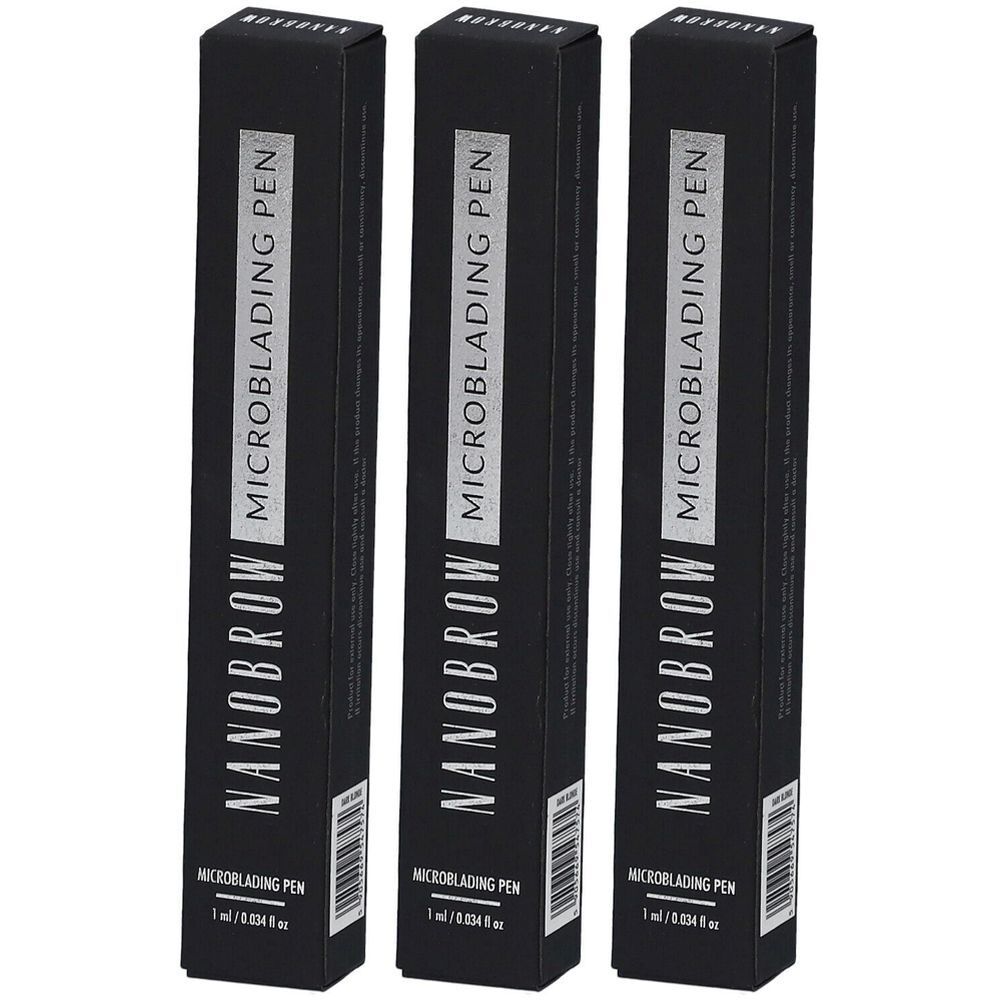 Trois boîtes noires avec l'inscription "NANOBROW MICROBLADING PEN". Chaque boîte contient 1 ml/0,034 fl oz.