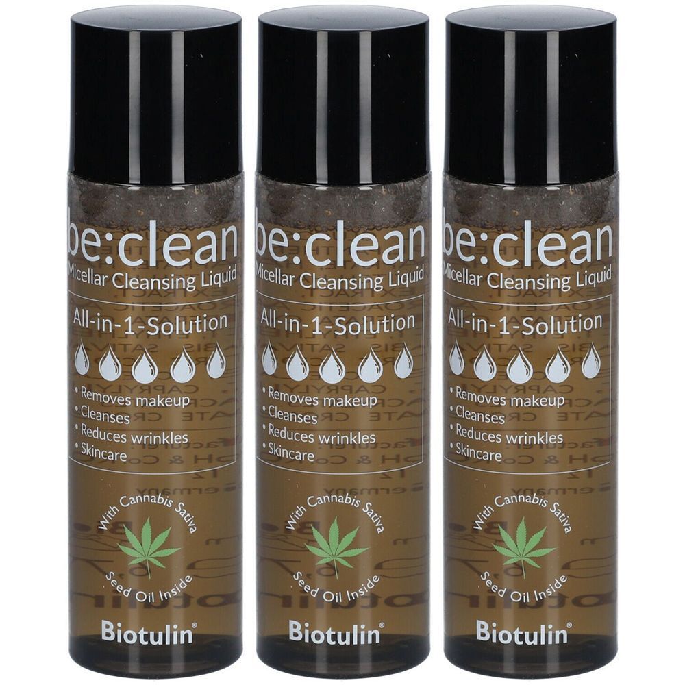 Trois flacons de nettoyant micellaire Biotulin. Bouchon noir, liquide brun. Inscription : be:clean, All-in-1-Solution, Cannabis Sativa.