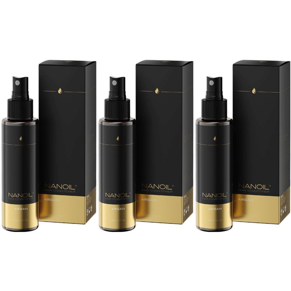 Trois flacons noirs avec vaporisateur et base dorée, à côté de boîtes noires. Inscription : NANOIL, Argan.