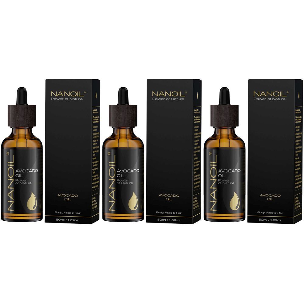 Trois flacons d'huile d'avocat avec boîtes noires. Les flacons portent la mention "NANOIL Avocado Oil".