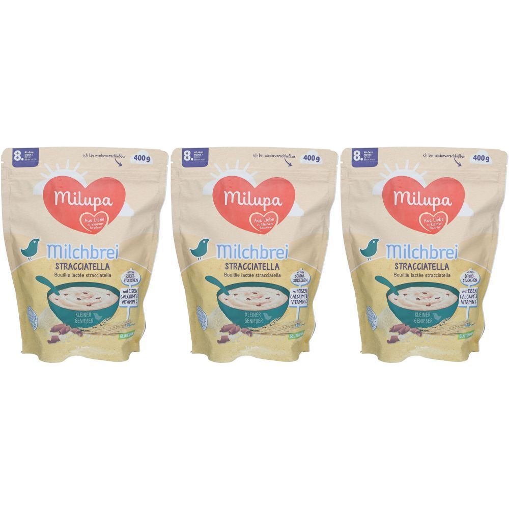 Trois paquets de Milupa Milchbrei Stracciatella. Emballage beige avec logo cœur, symbole d'oiseau et nom du produit.