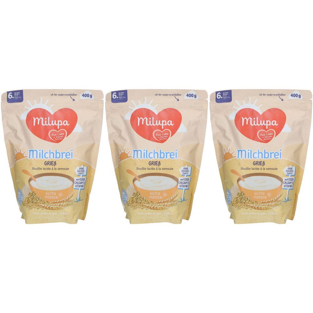 Trois sachets de Milupa Milchbrei Grieß. Emballage beige avec logo cœur rouge. Texte : Milchbrei, Grieß, 400g.