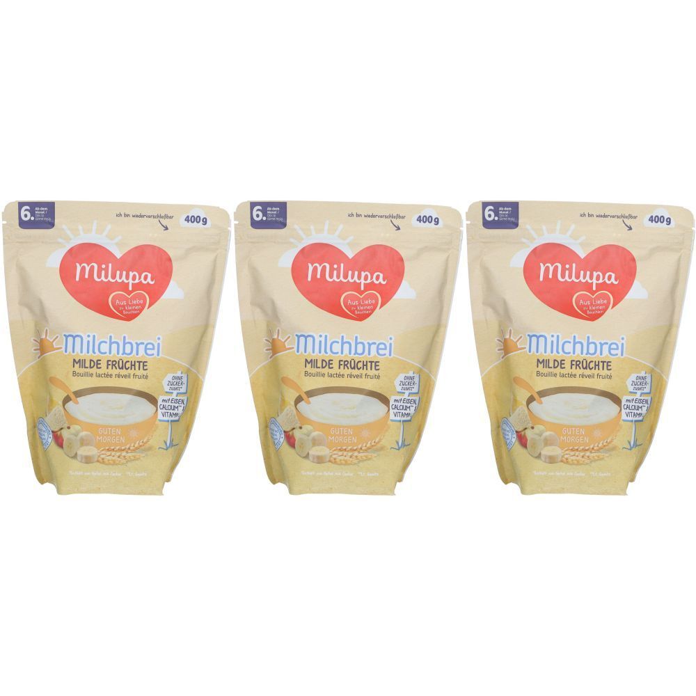 Trois sachets de Milupa Milchbrei Milde Früchte. Emballage avec logo cœur et nom du produit. Inscription : 6+, 400g.