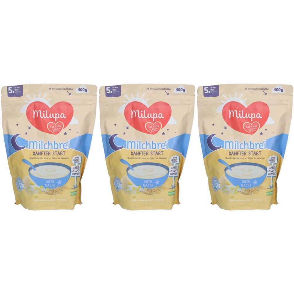 Trois paquets de Milupa Milchbrei Sanfter Start. Emballage beige avec logo cœur, lune et étoiles. Texte : Milchbrei, Sanfter Start.