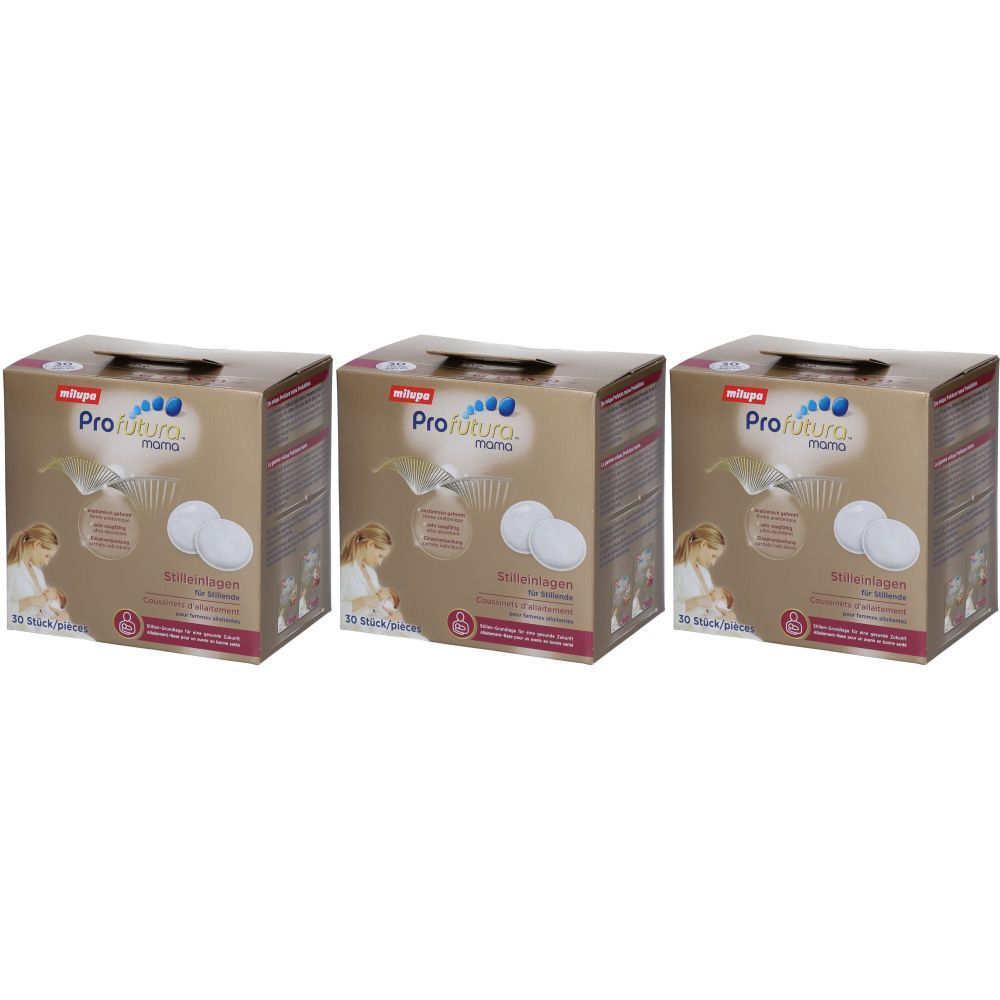 Trois boîtes de coussinets d'allaitement Milupa proFutura mama. Impression : logo, nom du produit, illustration, 30 pièces/paquet.