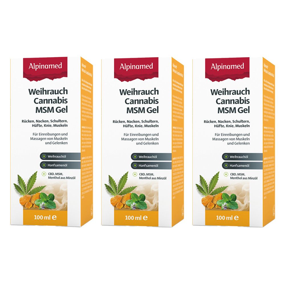 Trois boîtes de gel Alpinamed Weihrauch Cannabis MSM. Inscriptions : marque, nom du produit, ingrédients, zone d'application, 100 ml.