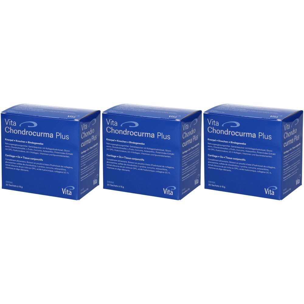 Trois boîtes bleues avec l'inscription "Vita Chondrocurma Plus". Les emballages sont rectangulaires et affichent des informations sur le produit.