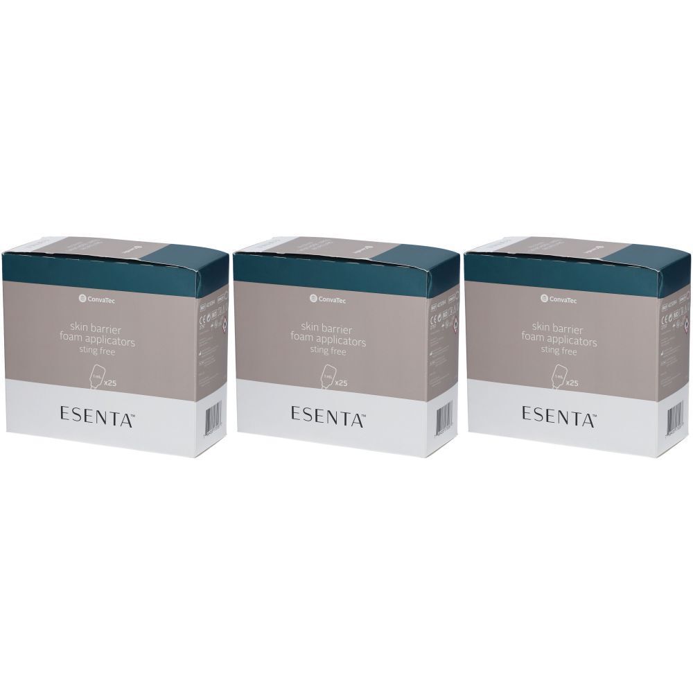 Trois boîtes ESENTA Skin Barrier. Inscription: Skin Barrier Foam Applicators, sans médicament.