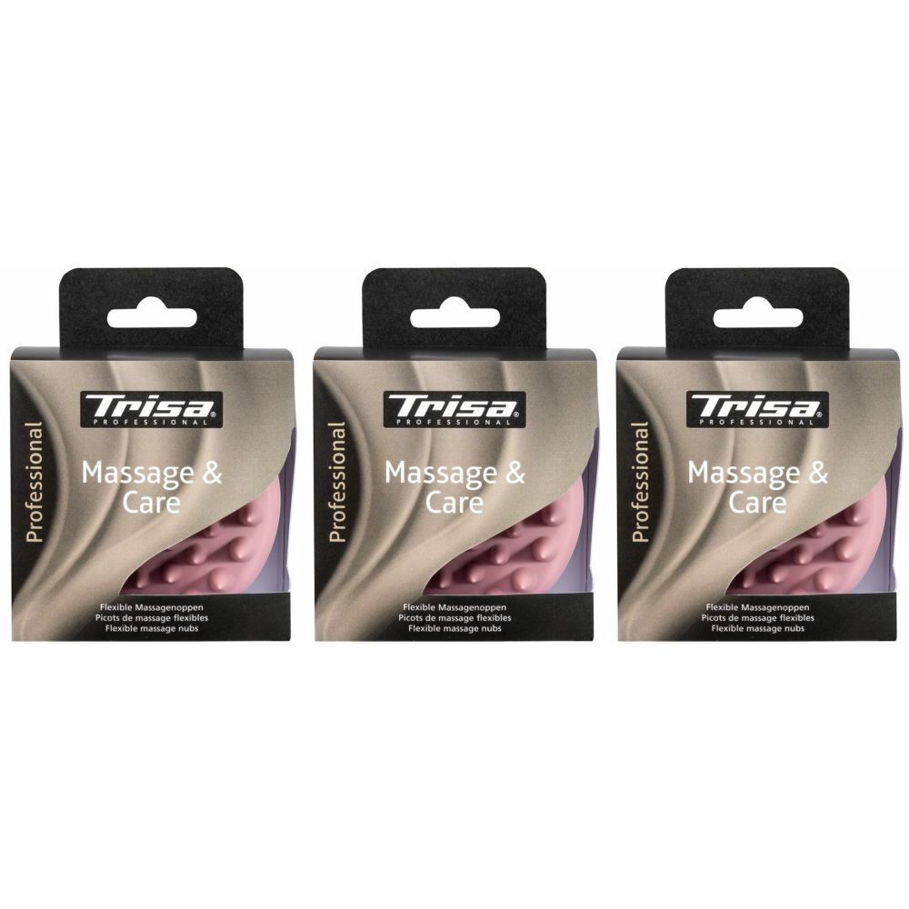 Trois emballages de Trisa Massage & Care. Accroches noires, brosses de massage roses visibles.