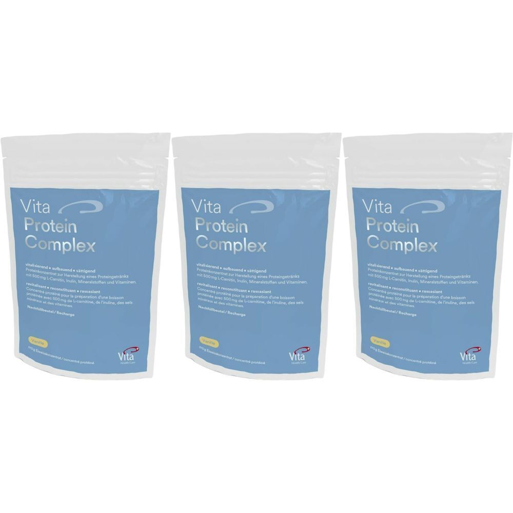 Trois sachets Vita Protein Complex. Sachets blancs avec étiquette bleue. Inscription: Vita Protein Complex. Logo et texte en allemand.