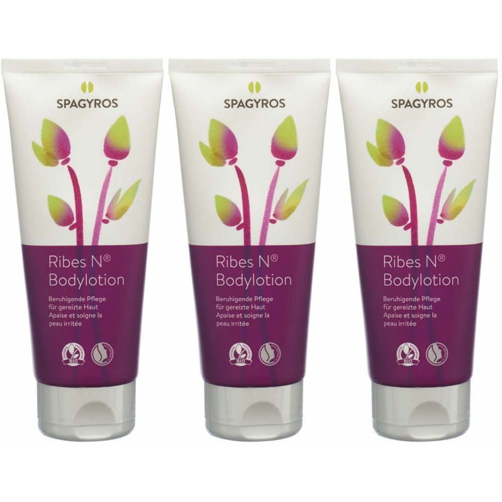 Trois tubes de lotion pour le corps SPAGYROS Ribes N®. Tubes blancs avec des motifs floraux violets et verts. Texte : Ribes N® Bodylotion.
