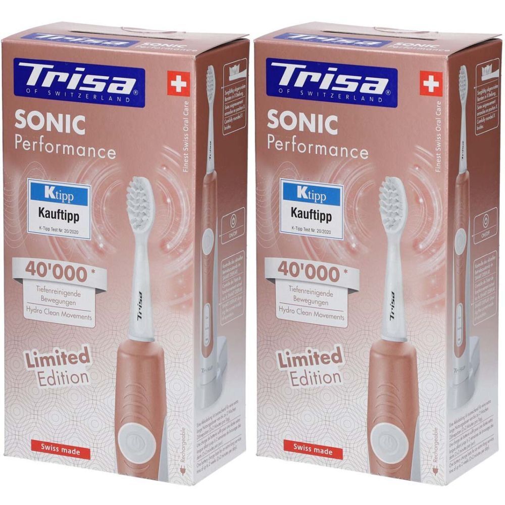 Deux boîtes de brosse à dents électrique TRISA Sonic Performance. Inscriptions : marque, nom du produit, distinctions, 40 000 mouvements, édition limitée.