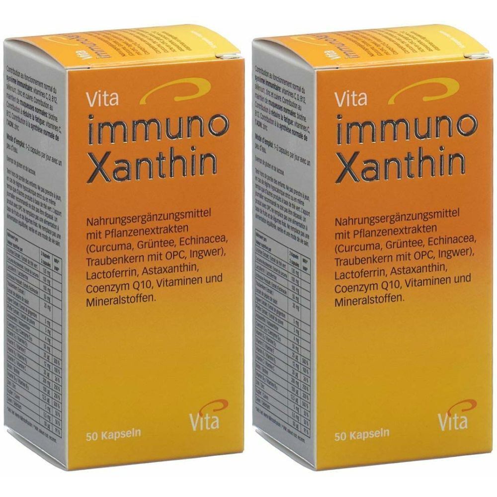 Deux boîtes de Vita ImmunoXanthin. Inscription : Complément alimentaire avec extraits de plantes. Contient 50 gélules.