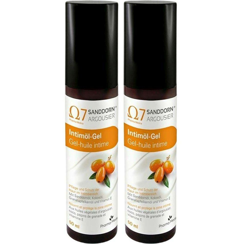 Deux flacons de gel intime. Bouchon noir, étiquette blanche avec nom du produit et illustration d'argousier. 50 ml.