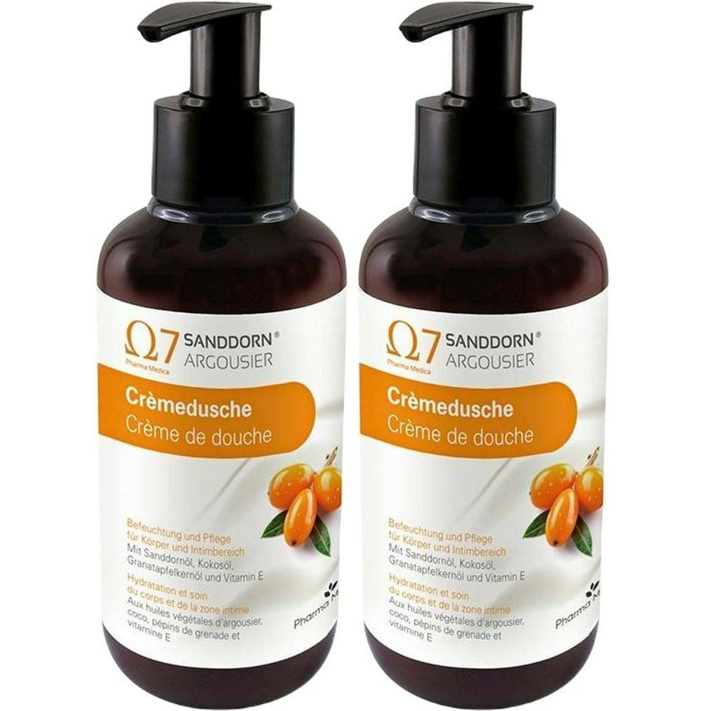 Deux flacons de crème de douche avec pompe noire. Inscription : Sanddorn Argousier Crèmedusche. Étiquette orange avec illustration de baies.