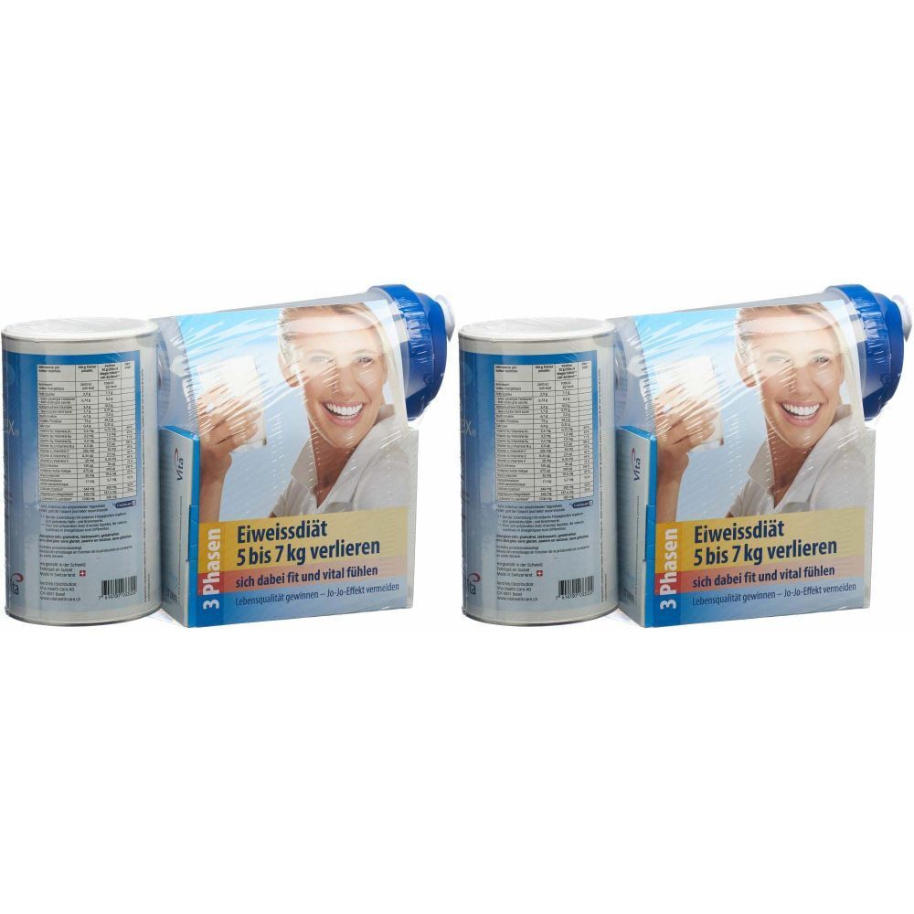 Deux boîtes avec étiquettes et un emballage. Une femme est représentée sur l'emballage. Texte : Régime protéiné, perdre 5 à 7 kg.