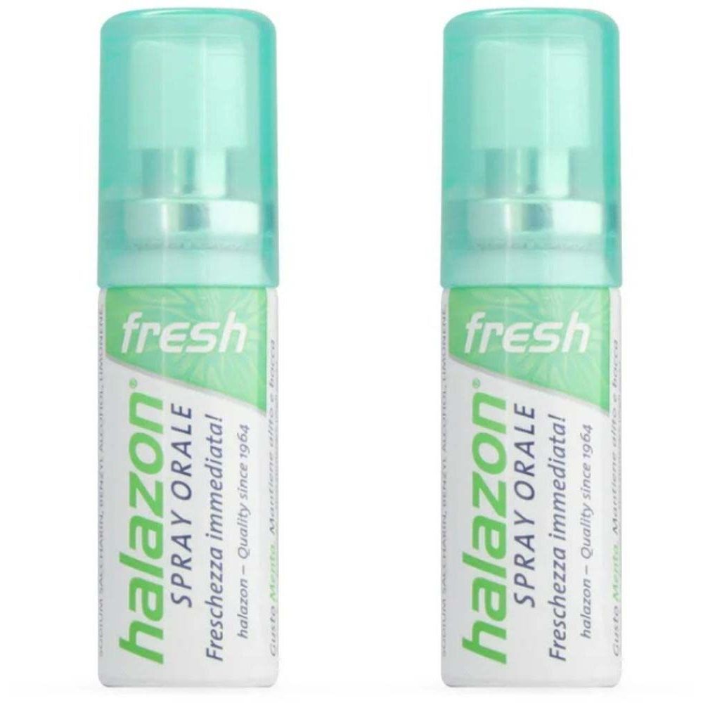 Deux sprays avec bouchons verts. Inscription : halazon, Spray Orale, Freschezza immediata ! Qualité depuis 1964.
