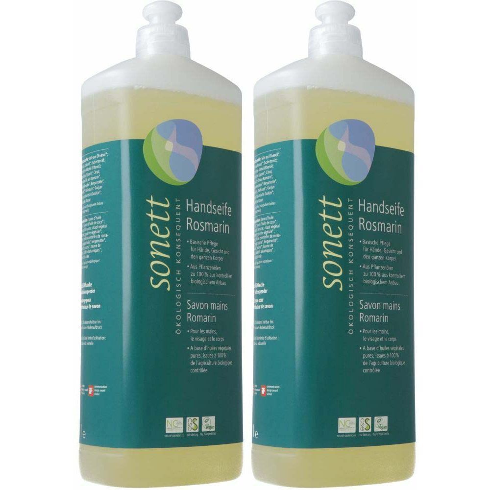 Deux flacons de savon liquide. Inscription : sonett, Handseife Rosmarin. Étiquettes vertes, pompes blanches. Liquide clair et jaunâtre visible.