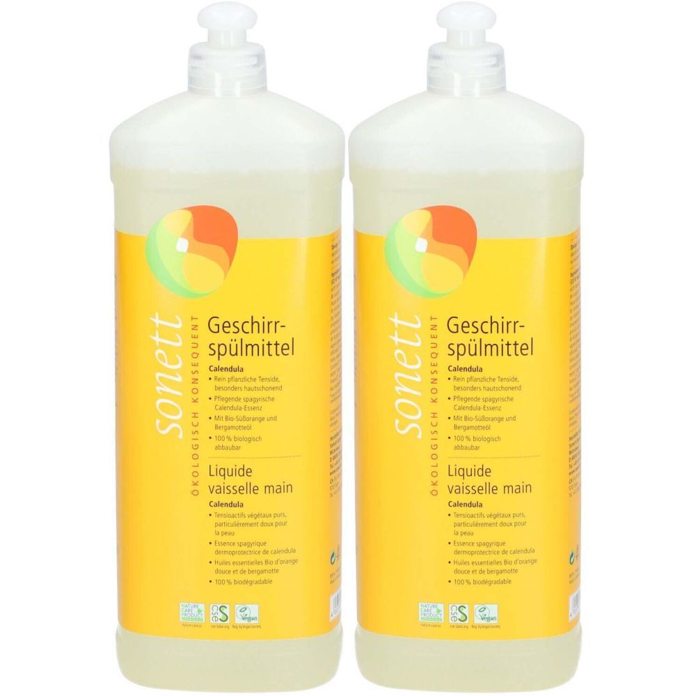 Deux bouteilles de liquide vaisselle. Étiquettes jaunes avec texte et logo. Marque : sonett. Inscription : Liquide vaisselle main Calendula.