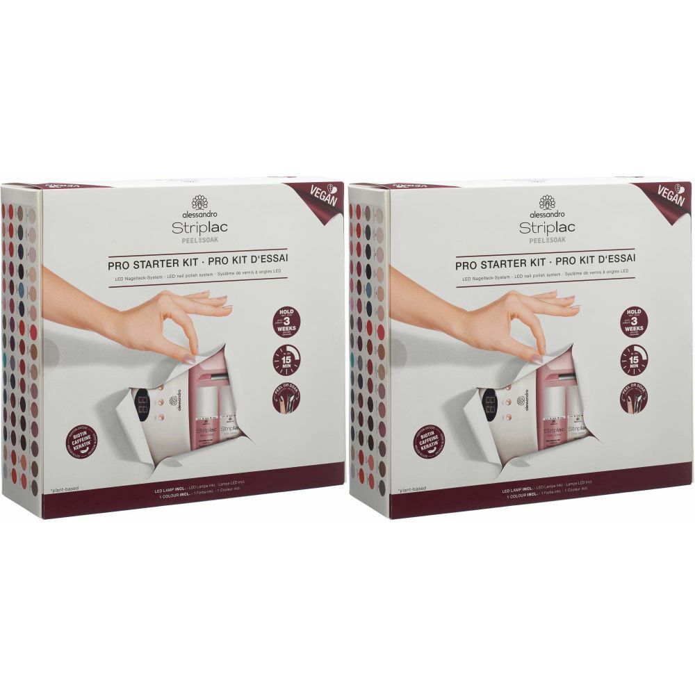 Deux kits de démarrage alessandro Striplac Pro. Boîte avec image du produit et texte. Label Vegan.